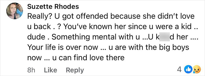 Comment from Suzette Rhodes discussing emotional distress after a family friend and former teacher confessed feelings.