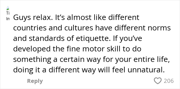Comment discussing cultural differences in etiquette as Americans are roasted by Europeans for primitive eating with cutlery.