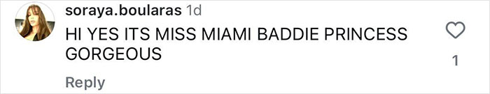 Comment on Instagram from user soraya.boularas praising a trans model's bikini debut at Miami Swim Week.