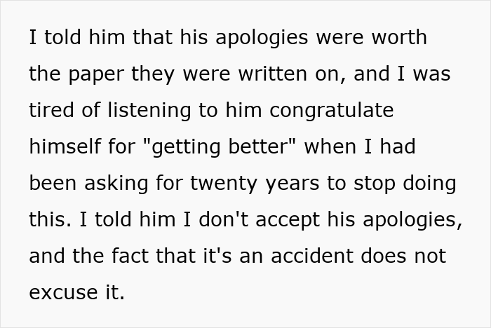 Text about wife threatening husband with cold showers due to his bad memory and repeated apologies not accepted.