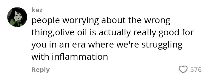 Social media comment discussing olive oil benefits amid outrage over bizarre egg frying technique. Social media comment discussing olive oil benefits amid outrage over bizarre egg frying technique.
