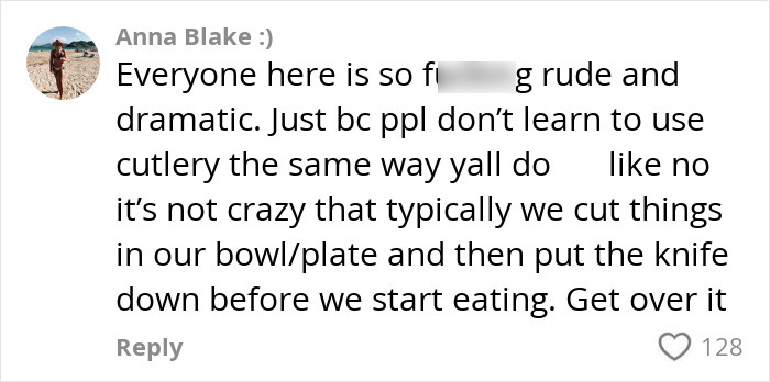 Social media comment defending Americans&rsquo; cutlery use amid Europeans&rsquo; criticism of primitive eating habits.