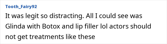 User comment criticizing Glinda's appearance with Botox and lip filler, linked to Ariana Grande's entirely visible ribcage ghoulish look.