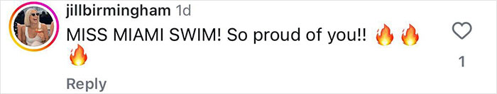 Instagram comment praising a trans model&rsquo;s bikini debut at Miami Swim Week, showing massive support and excitement.