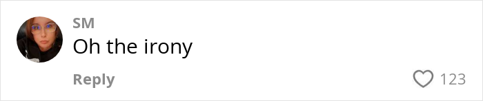 Comment saying Oh the irony by user SM with profile picture, reacting to Aussie influencer cost of living outrage in the US.