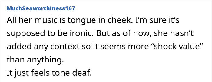 Screenshot of a user comment describing Sabrina Carpenter's album cover as tone deaf and lacking context, related to misogyny concerns.