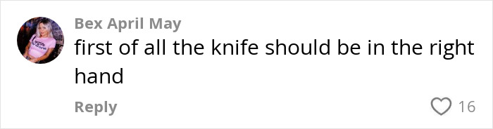 Comment about Americans' primitive way of eating with cutlery, emphasizing knife use in the right hand.