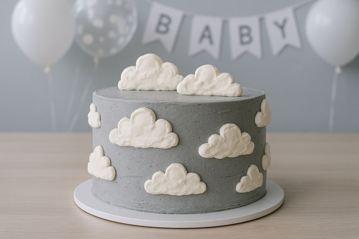 Gray cake decorated with white clouds at a gender reveal party with balloons and baby banner in the background