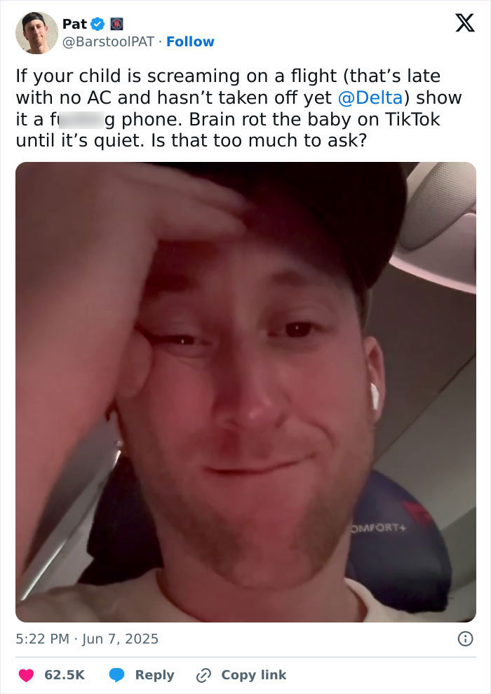Man on flight showing frustration during mid-flight meltdown over screaming baby sparking parenting versus passenger debate
