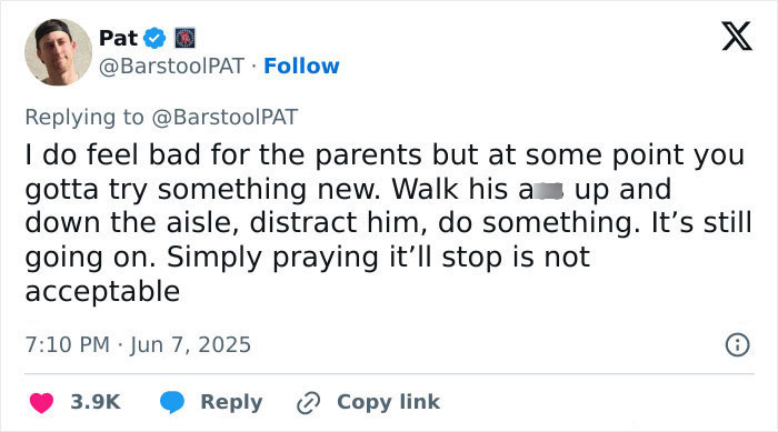 Tweet discussing man&rsquo;s mid-flight meltdown over screaming baby sparking debate between parenting and passenger responsibilities.