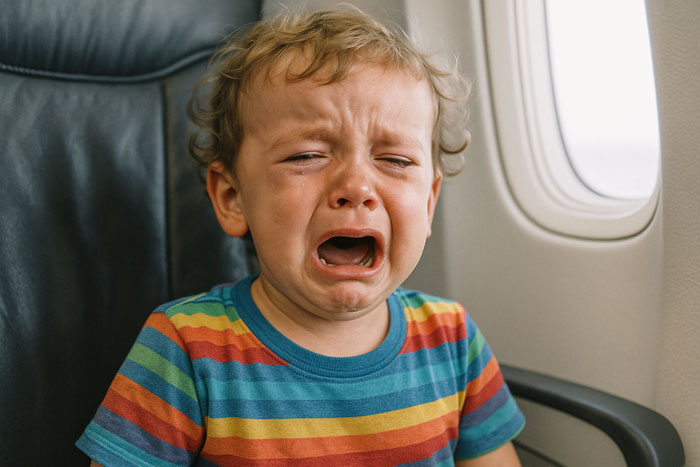 Crying toddler on airplane near window causing mid-flight meltdown amid parenting versus passenger debate.