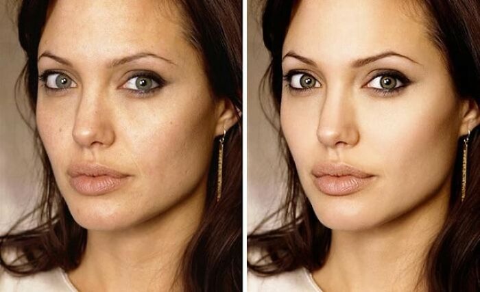 Side-by-side celebrity before-and-after Photoshop edits showing dramatic changes in skin texture and facial features.
