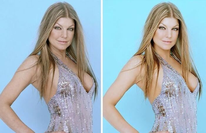 Side-by-side comparison of a celebrity before-and-after Photoshop edits showing noticeable digital alterations.