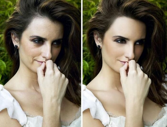 Side-by-side comparison of a woman’s face before and after celebrity Photoshop edits, highlighting dramatic changes.