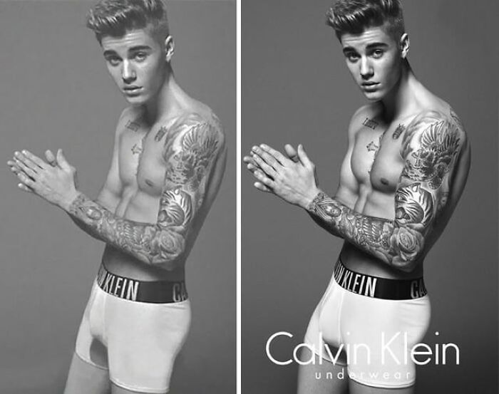 Side-by-side black and white images of a shirtless tattooed male model showing shocking celebrity before-and-after Photoshop edits.