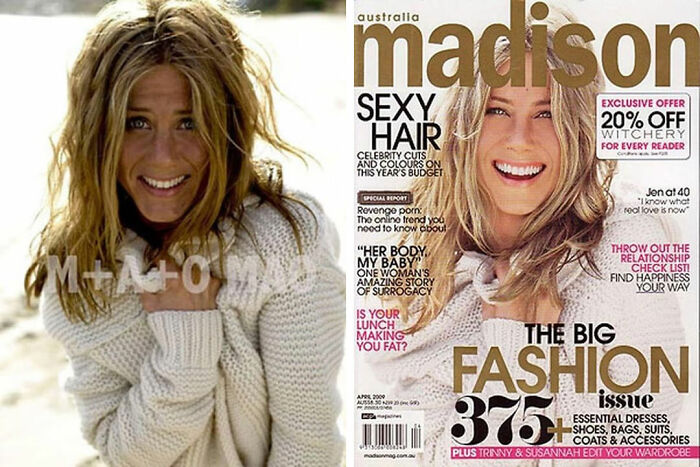 Side-by-side before-and-after photos of a celebrity featuring shocking Photoshop edits and retouching effects.