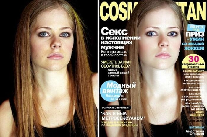 Side-by-side photos of a woman showing shocking celebrity before and after Photoshop edits on a magazine cover.
