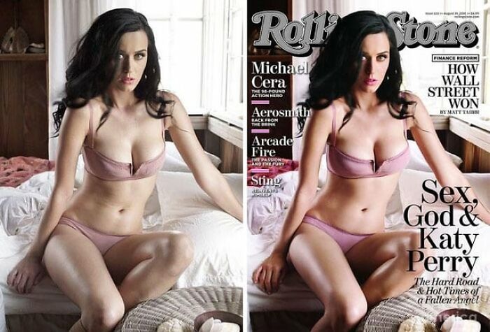 Side-by-side comparison of celebrity before-and-after Photoshop edits showing altered body proportions and skin tone.