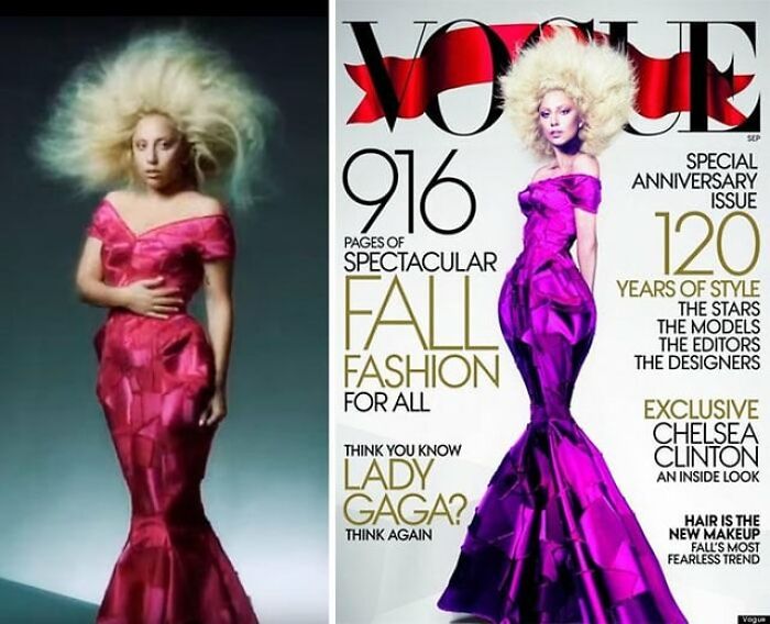 Before-and-after comparison of a celebrity photoshoot showing dramatic Photoshop edits on a Vogue magazine cover.