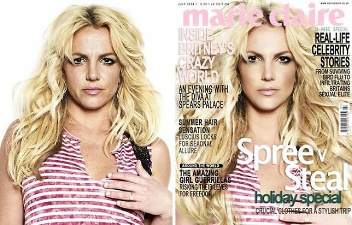 Side-by-side comparison of a celebrity before-and-after Photoshop edits highlighting shocking changes in appearance.