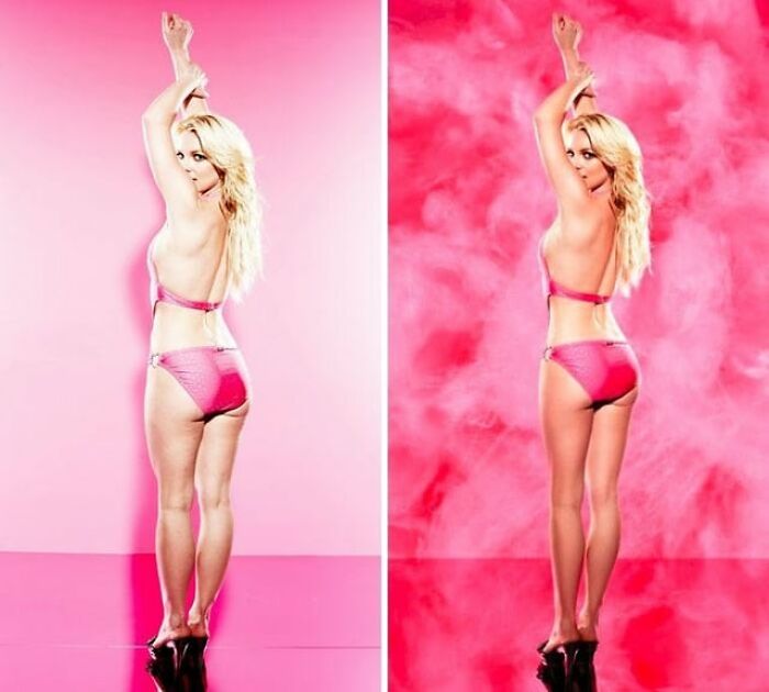 Side-by-side comparison of a celebrity before-and-after Photoshop edits in a pink bikini against a pink background.