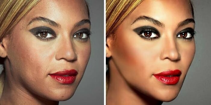 Close-up before-and-after Photoshop edits of a female celebrity showing skin smoothing and enhanced makeup effects.