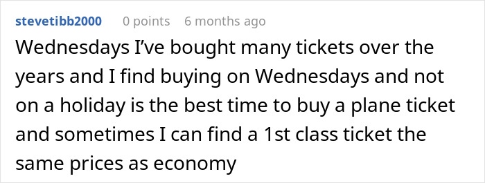 User comment highlighting that buying plane tickets on Wednesdays is the cheapest airfare strategy recommended by an expert.
