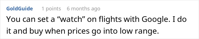 Comment about setting a watch on flights with Google to buy plane tickets at the cheapest airfare timing.