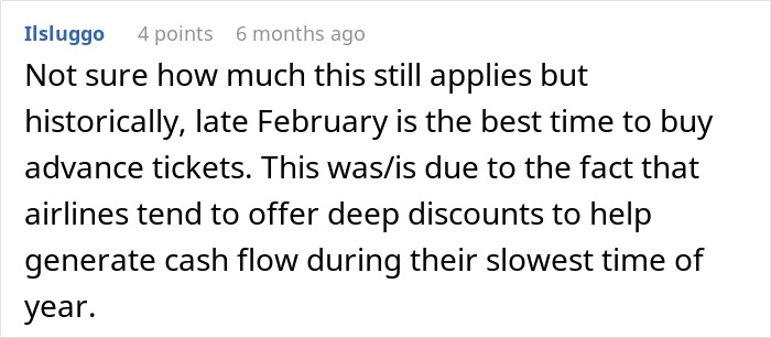 Screenshot of a user comment explaining that late February is historically the best time to buy plane tickets for cheapest airfare.