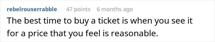 Screenshot of a Reddit comment explaining the best time to buy a plane ticket to get the cheapest airfare.