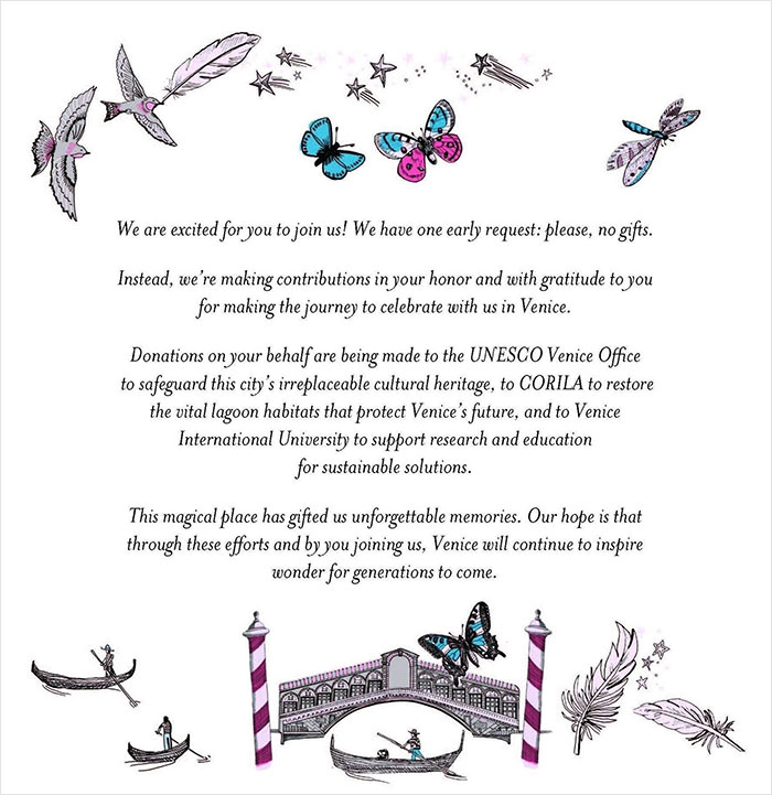Wedding invitation featuring Venice-themed illustrations with butterflies, gondolas, and a message referencing rules for famous guests. Wedding invitation featuring Venice-themed illustrations with butterflies, gondolas, and a message referencing rules for famous guests.
