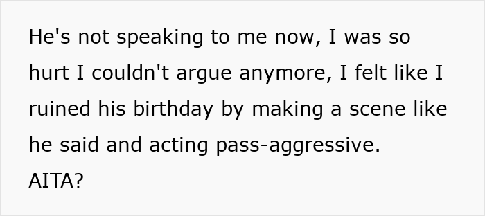 Text on a white background showing a message about a woman refusing to leave the party she planned despite boyfriend and friends demanding privacy.