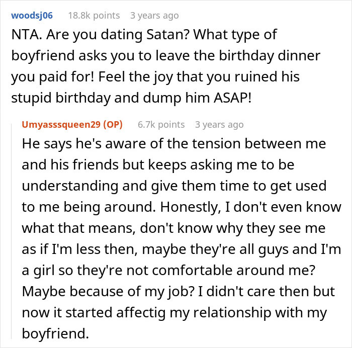Screenshot of a Reddit conversation about a woman refusing to leave the party she planned despite her boyfriend and friends demanding privacy.