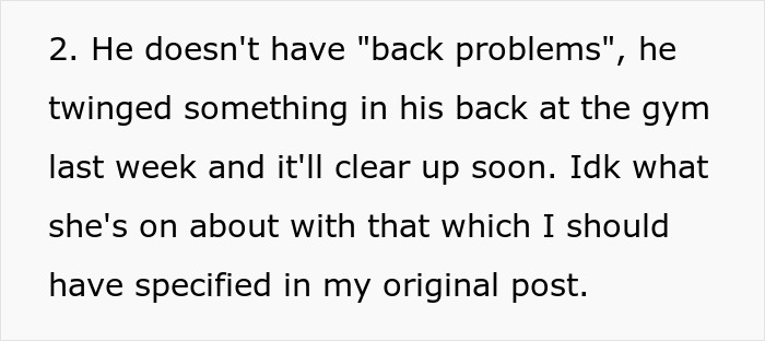 Text excerpt discussing a man&rsquo;s back injury and clarifying details about his condition from an original post.