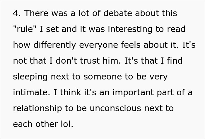 Text discussing debate about a rule on sleeping next to someone, highlighting feelings about intimacy in relationships.