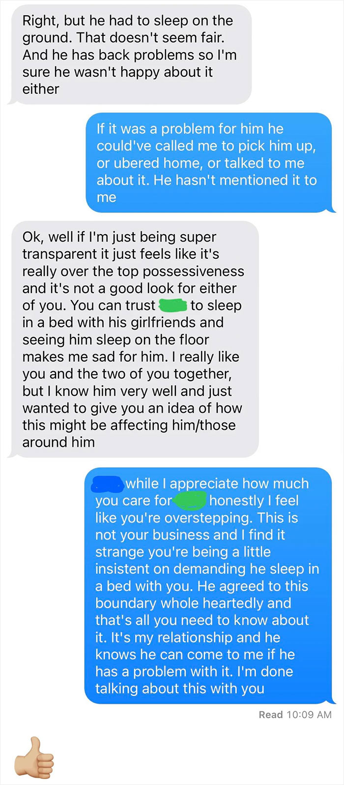 Text message conversation about upset woman over friend's girlfriend not allowing them to sleep in the same bed, causing tension.