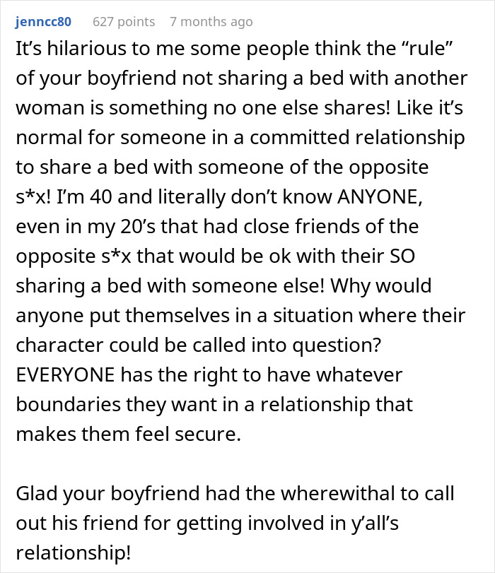 Screenshot of a Reddit comment discussing boundaries in relationships when a woman is upset her friend&rsquo;s girlfriend won&rsquo;t let them sleep in the same bed.