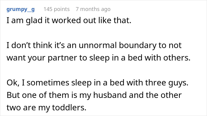 Screenshot of a Reddit comment discussing boundaries about sleeping in the same bed with others and relationships.