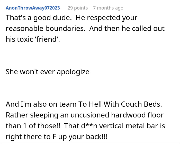 Comment text discussing boundaries and frustration about sleeping arrangements between a woman, friend, and girlfriend.