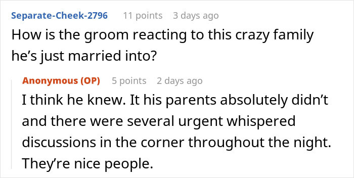 Commenters discussing the groom's reaction to witnessing bride's dad divorce his wife during a dramatic wedding.