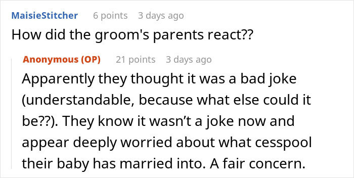Comment exchange on wedding drama where bride's dad divorces his wife, causing concern for the groom's parents.