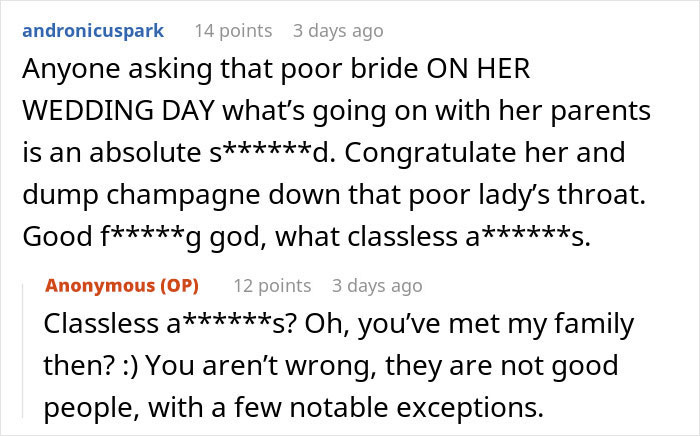 Comments discussing a bride's wedding day drama and the bride's dad divorcing his wife witnessed at the wedding.