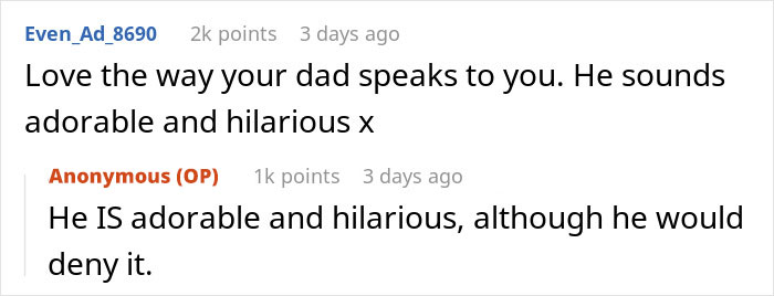 Screenshot of a Reddit conversation praising a dad&rsquo;s adorable and hilarious way of speaking during a wedding incident.