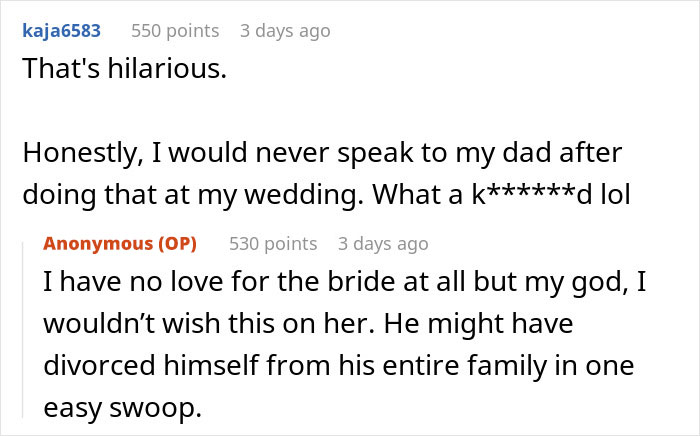 Reddit user reacts to bride's dad causing drama and divorcing his wife at wedding ceremony.