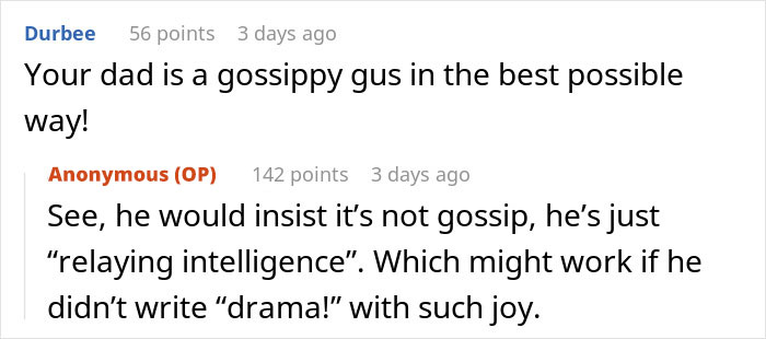 Screenshot of a conversation about a man expecting wedding drama and witnessing the bride's dad divorce his wife.