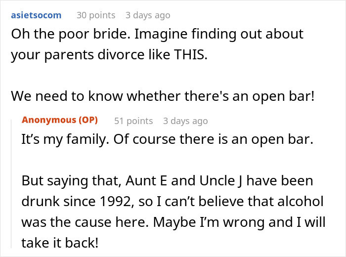 Reddit comments discussing drama at a wedding where the bride's dad divorces his wife, highlighting unexpected family conflict.