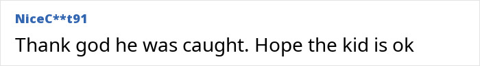 Comment reading "Thank god he was caught. Hope the kid is ok" from user NiceC**t91 discussing man arrested for disturbing crime.