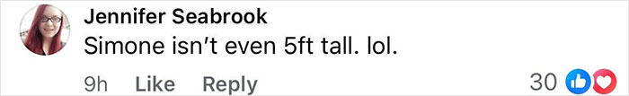 Comment on social media by Jennifer Seabrook discussing Simone Biles' height in a casual online conversation.