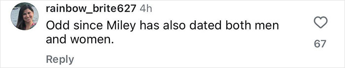 Screenshot of social media comment responding to Miley Cyrus’ controversial Pride joke about JoJo Siwa, sparking backlash. Screenshot of social media comment responding to Miley Cyrus’ controversial Pride joke about JoJo Siwa, sparking backlash.