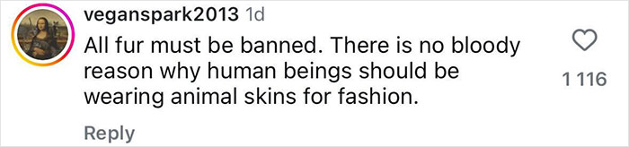 Instagram comment from user veganspark2013 condemning the use of animal fur in fashion and calling for a ban on fur. Instagram comment from user veganspark2013 condemning the use of animal fur in fashion and calling for a ban on fur.